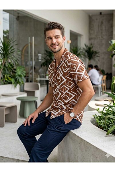 NİDİBAY Men's Summer Shirt Short Sleeve Button-Down Apaj Collar Style Stylish...