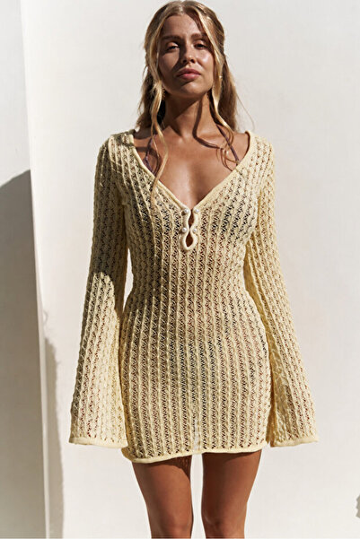 Noi Belis Mini Length Openwork Chest Cut-Out Pearl Detail 100% Cotton Beach D...