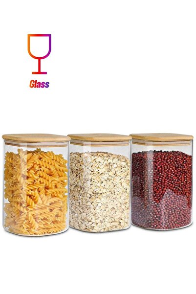 ZIMNEST 3-Piece Set of Square Glass Storage Jars with Wooden Lids, 1100ML/37O...