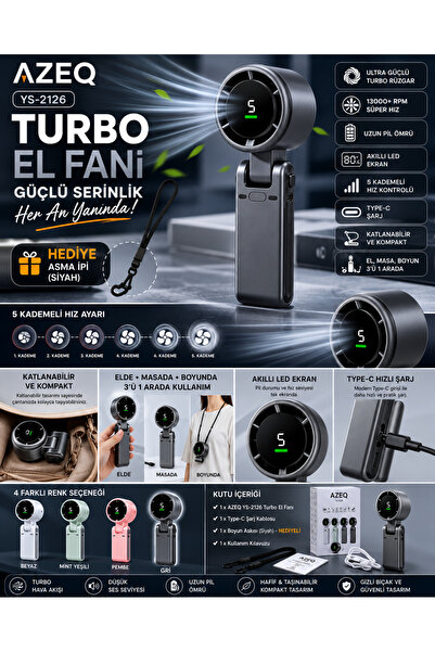 AZEQ Taşınabilir 5 Kademeli Turbo El Fanı 13000+ RPM Dijital Ekranlı Katlanab...