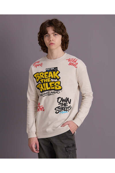 REDTAG Senior Boys Beige Graffiti Print Over Size Sweatshirt