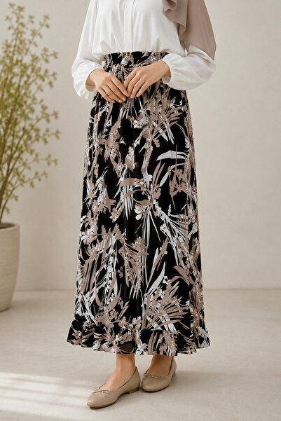 İmajButik Black Patterned Viscon Skirt with Elastic Waist