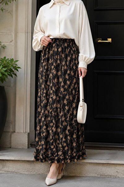 İmajButik Black Patterned Viscon Skirt with Elastic Waist