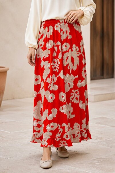 İmajButik Red Patterned Viscon Skirt with Elastic Waist