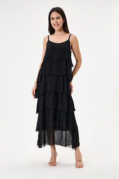 della moor Black Italian Layered Adjustable Strap Lined Long Silk Dress 38 - ...