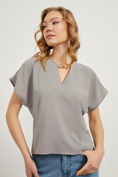 Arma Life Women's Casual Summer Basic Short Sleeve Loose Gray Blouse