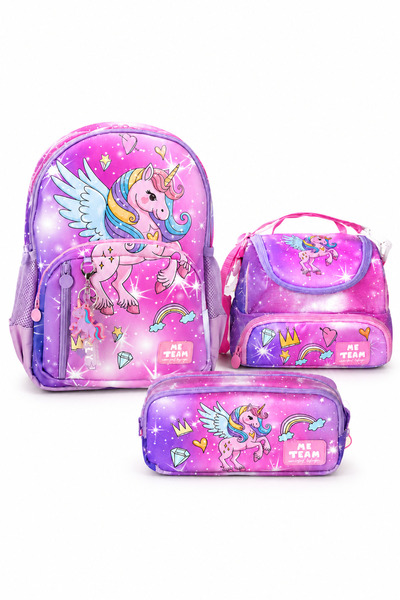 ME TEAM Unicorn Gökkuşağı ve Tekboynuz Baskılı İlkokul Çantası Beslenme Çanta...
