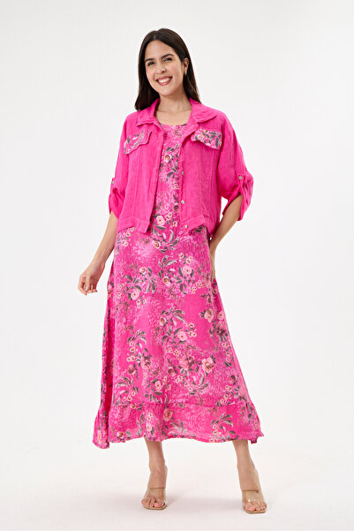 della moor Fuchsia Italian 100% Linen Floral Patterned Double Suit with Jacke...