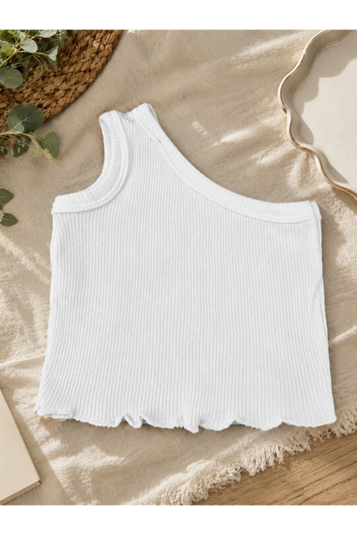 ues Baby Girl One-Shoulder White Ribbed Crop Blouse