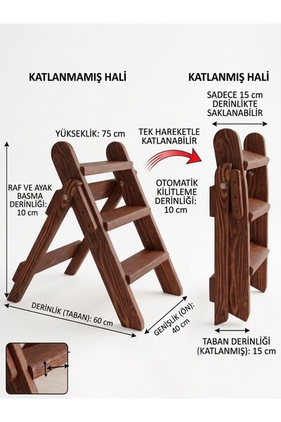 Ev dekka Kestane Rengi Masif Ahşap Katlanır Merdiven - Dekoratif Basamak Tabu...