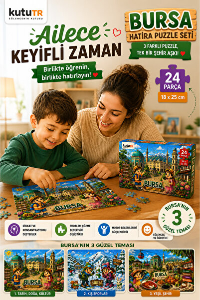 kutuTR Bursa Hatıra Ahşap Puzzle Seti 24 Parça 18x25 cm Eğitici Çocuk Puzzle ...
