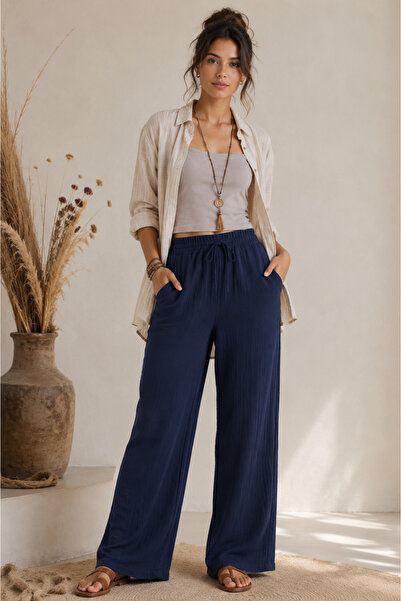 FORMO Women's 100% Natural Cotton Muslin Fabric Quality Wide-Legged Pants wit...