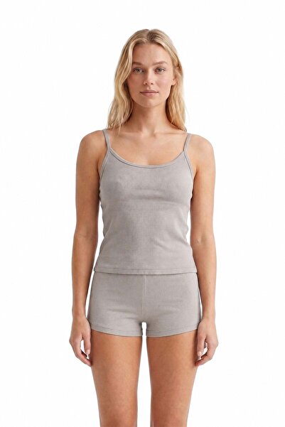 Cottonhill Premium - Elegantna kolekcija | Ženski set pidžama sa sivim rebras...