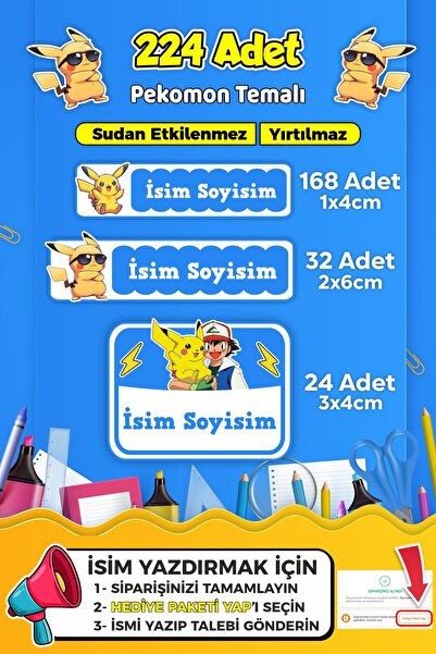 SB store Okul Kreş Kişiye Özel isim Etiket Seti Pokemon Temalı - Model 696