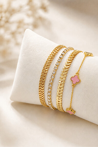 Crc Bijuteri Gold Color Stylish Design 4-Piece Steel Bracelet Set