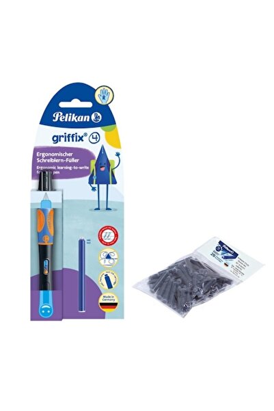 Pelikan Set stilou Griffix, pentru dreptaci, culoare neagră, blister, cu 20 r...