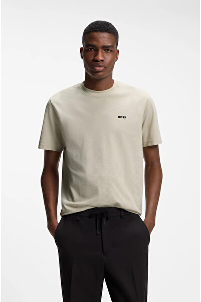 BOSS Men's Crew Neck Logo Printed Cotton Short Sleeve Beige T-Shirt