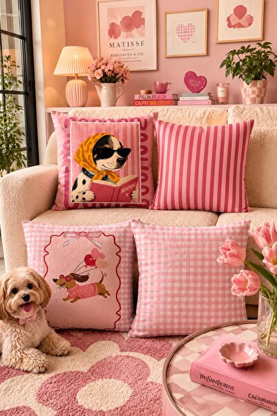 EVPANYA Pembe Sevimli Köpek Desenli 4'Lü Kırlent Kılıfı Seti