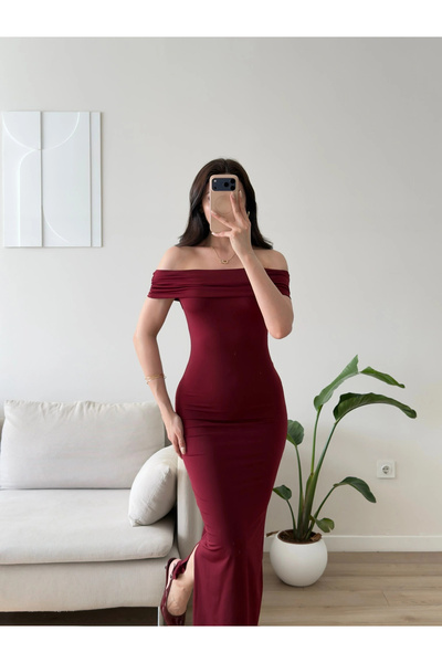 Zoom Butik Madonna Yaka Long Elbise - BORDO