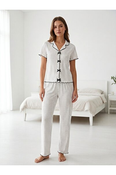 Sude HOMEWEAR Kadın Siyah Puantiyeli Fiyonklu Kısa Kol Pijama Takımı