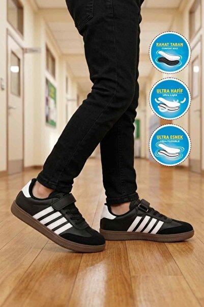 WALKWAY Black and White Velcro Lightweight Flexible Boys' Sports Shoes 753 F