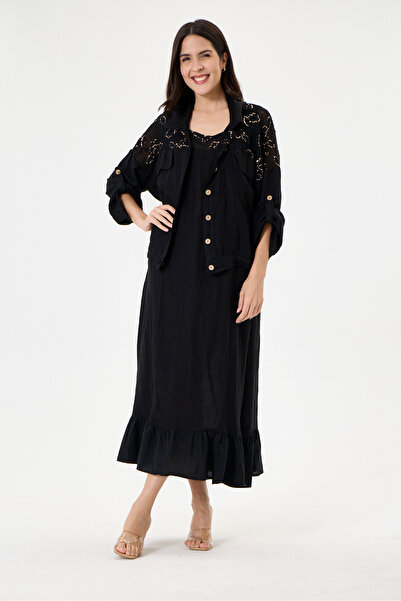 della moor Black Italian 100% Linen 2-Piece Suit with Mesh on the Shoulder an...