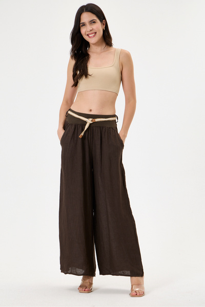 della moor Women's Brown Italian 100% Linen Belted Elastic Waist Loose Wide L...