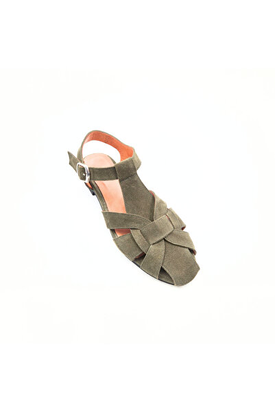 Folle Khaki Suede Genuine Leather Women's Sandals with Buckle Flat Sole Daily Summer Sandals