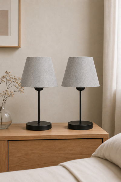 Eslight Modern İskandinav Tarz 2'li Set Siyah Ayak Masa Lambası Açık Gri Renk...