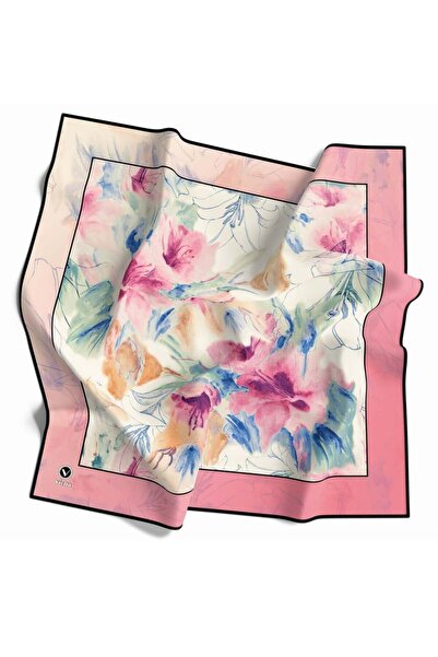 VİOLLA Soft Twill Suluboya Çiçek Desenli Pembe Renkli 90x90 Eşarp (İpek İçerm...