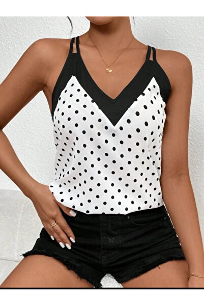 moda wanilia Stylish Women's Strappy V-Neck Polka Dot Patterned Sandy Blouse