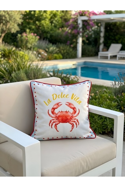 La Dolce Vita Printed Crab Pattern Double Sided Suede Pillowcase with Red Cloth - 45x45cm - Summer Themed Marine Pattern Pillowcase