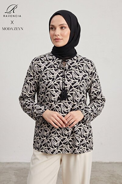 Ravencia Women's Geometric Patterned Crew Neck Lace-Up Woven Viscose Blouse