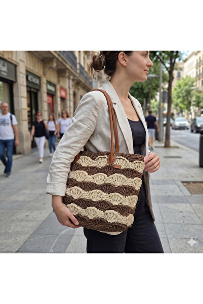 ATÖLYE MİLLA Two-Color Brown Paper Shoulder Bag with Hand-Knitted Rope