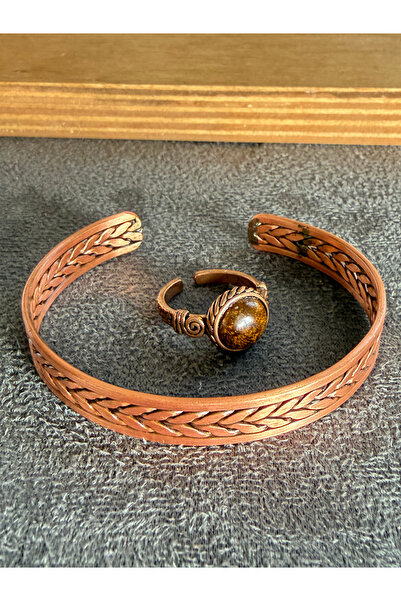 Rupen Kraft Handcrafted copper bracelet and natural stone ring set, adjustabl...