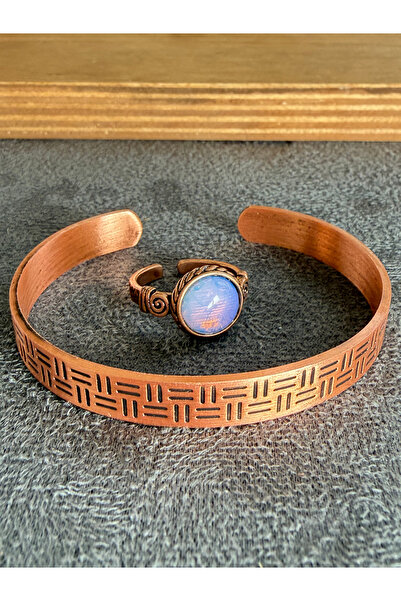 Rupen Kraft Handcrafted copper bracelet and natural stone ring set, adjustabl...