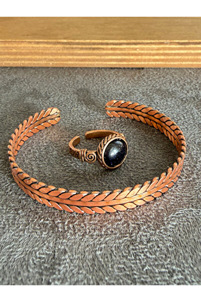 Rupen Kraft Handcrafted copper bracelet and natural stone ring set, adjustabl...