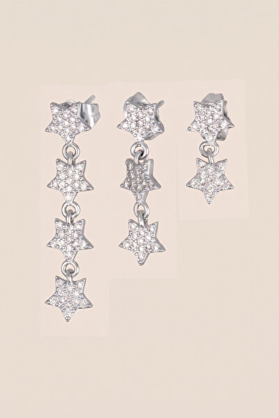 Hetra Silver Color Zircon Stone Row Star Dangle 3-Piece Pin Earring Set