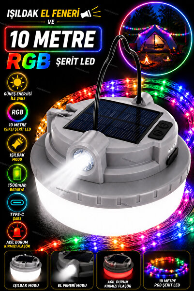 nelerbulurum Güneş Enerjili Şarjlı Makaralı 10 Metre RGB Şerit Ledli 60 Ledli...