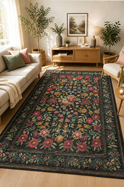 Toronto Home Dijital Kaymaz Yıkanabilir Çiçekli Vintage Salon Halısı Mutfak H...