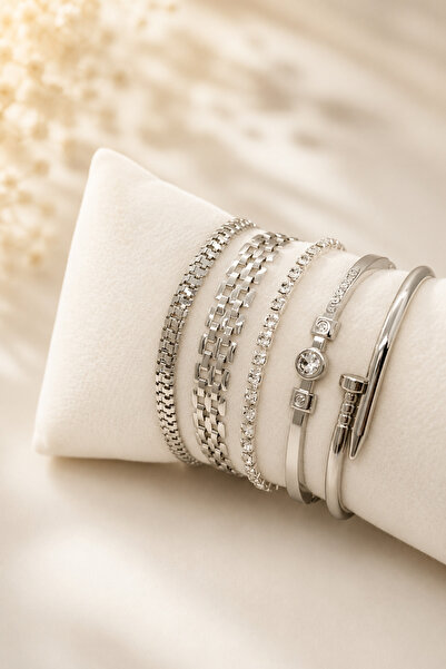 Crc Bijuteri Silver Color 5-Piece Stone Women's Bracelet