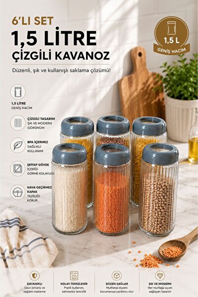 Tercih Home 6 Pieces Mega Size Long Upright Translucent Lid Striped Glass Jar...