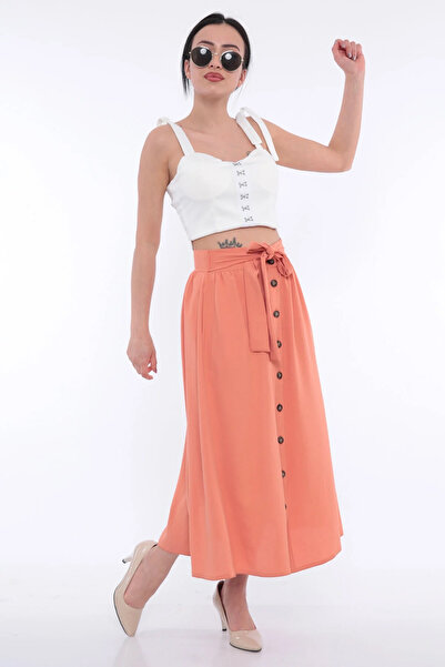 FIRST STYLE Turkish High Waist Stylish Orange Skirt with Buttons and Elegant ...