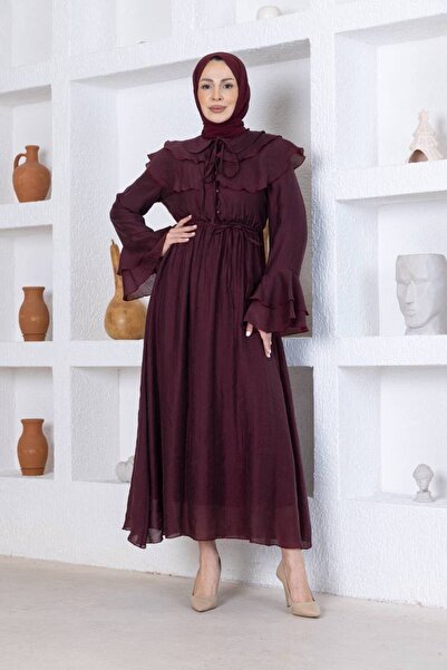 QUAWEAR Lace Detailed Cape Collar Flounce Sleeves Gathered Waist Lace-Up Line...