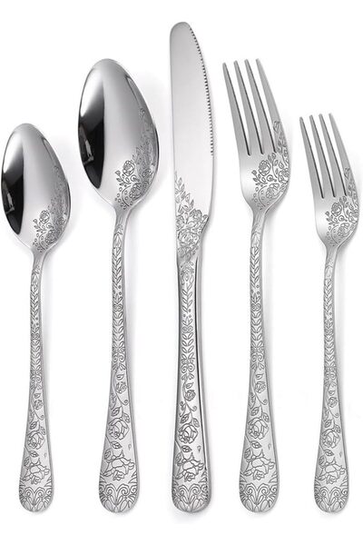 Tazweeq 20 Pcs Vintage Carved Floral Silverware Set for 4, Food Grade Stainle...