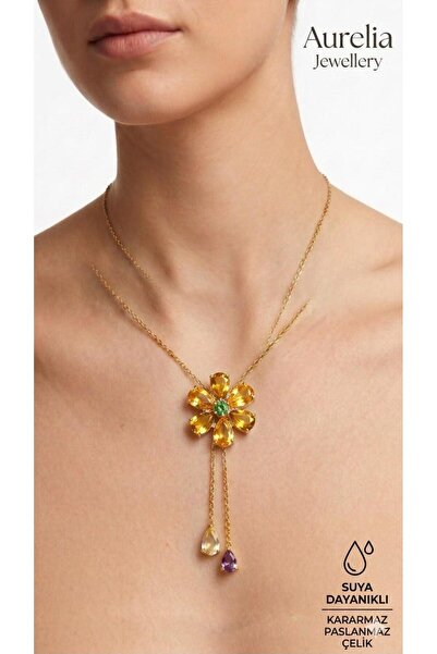 AURELİA JEWELLERY ASANSÖRLÜ AYARLANABİLİR ÇİÇEKLİ ÇELİK KOLYE