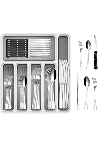 EXRP 49-Piece Stainless Steel Silverware Set with Cutlery Organizer, Service ...