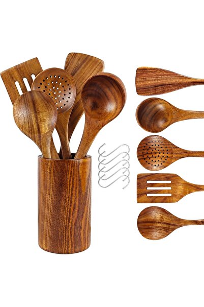Generic Wooden Kitchen Utensils Set, 6pcs Natural Teak Wooden Spoons with Hol...