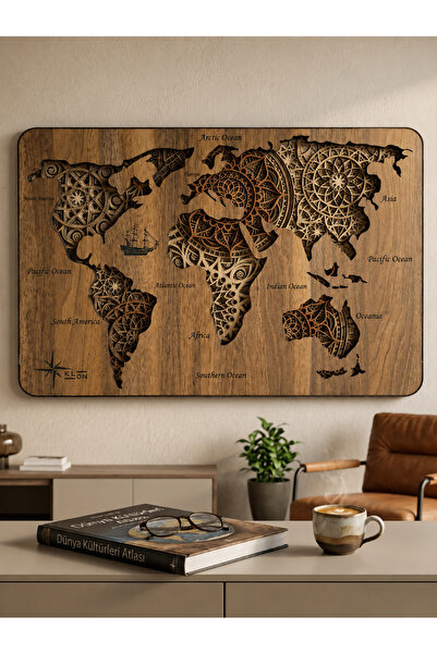 KLON Premium Kalite Hediyelik 3 Boyutlu Ahşap Dünya Haritası Tablo 53x79 cm
