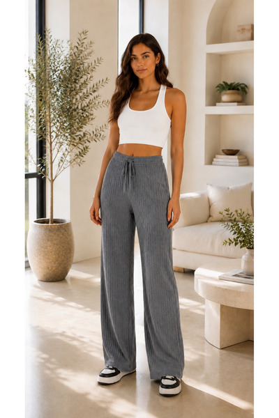 BAHNUR Gri Slim Ribbed, Lace-Up High Waist Wide Leg Women's Pants